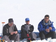 Thursday, 3-11-2004  These three skiers just dropped in to share lunch -- Brian Webb in the center.